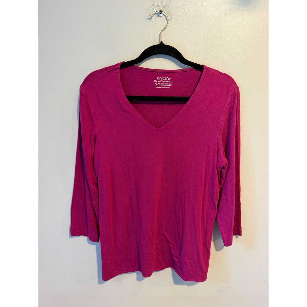 Chicos The Ultimate Tee Magenta Pink V-Neck 3/4 Sleeve Top Size 1 M